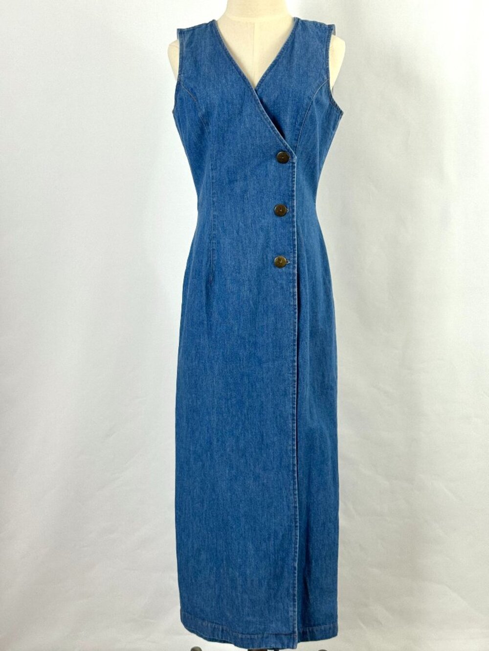 Vtg 90s Sleeveless Denim Dress Off Center Buttons Wrap Style Western Cowgirl